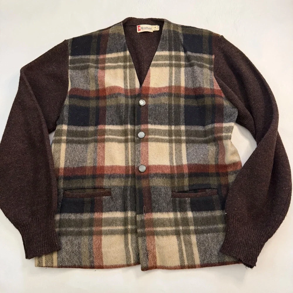 Bradfield Vintage Mens Plaid Wool Cardigan Sweater Brown Green Old Money Core M